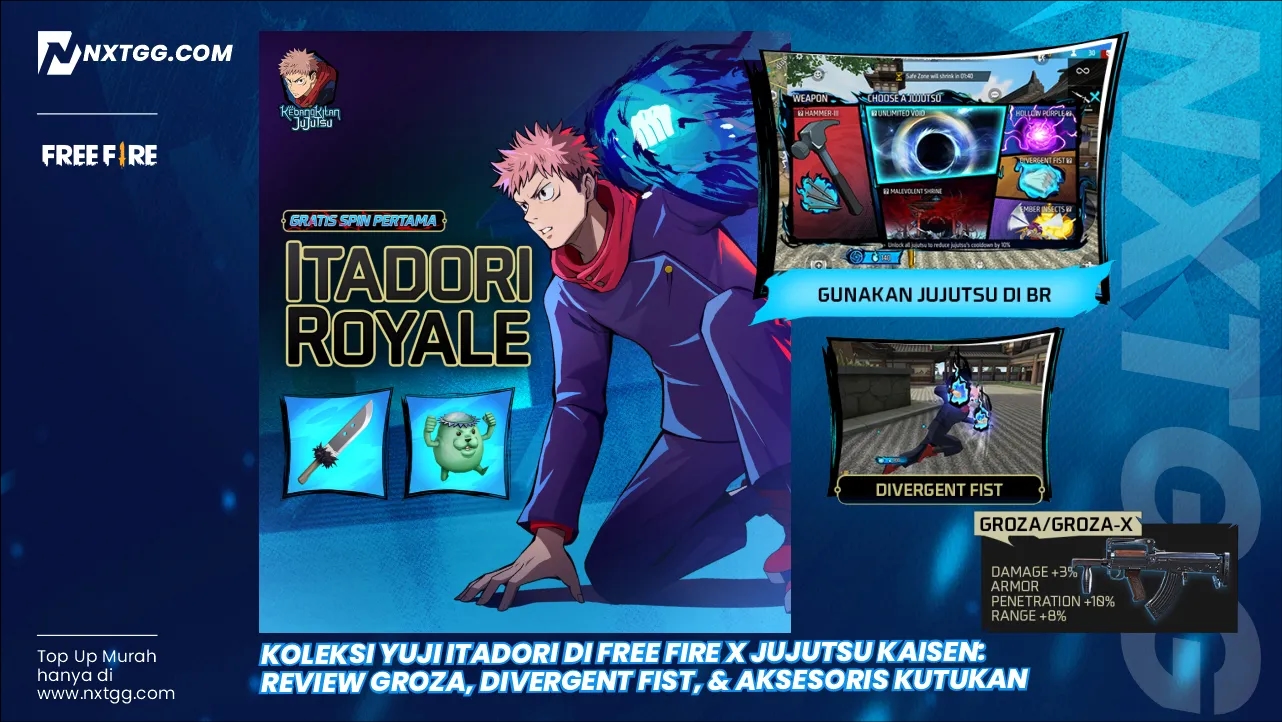 Koleksi Yuji Itadori di Free Fire x Jujutsu Kaisen: Review Groza, Divergent Fist, & Aksesoris Kutukan
