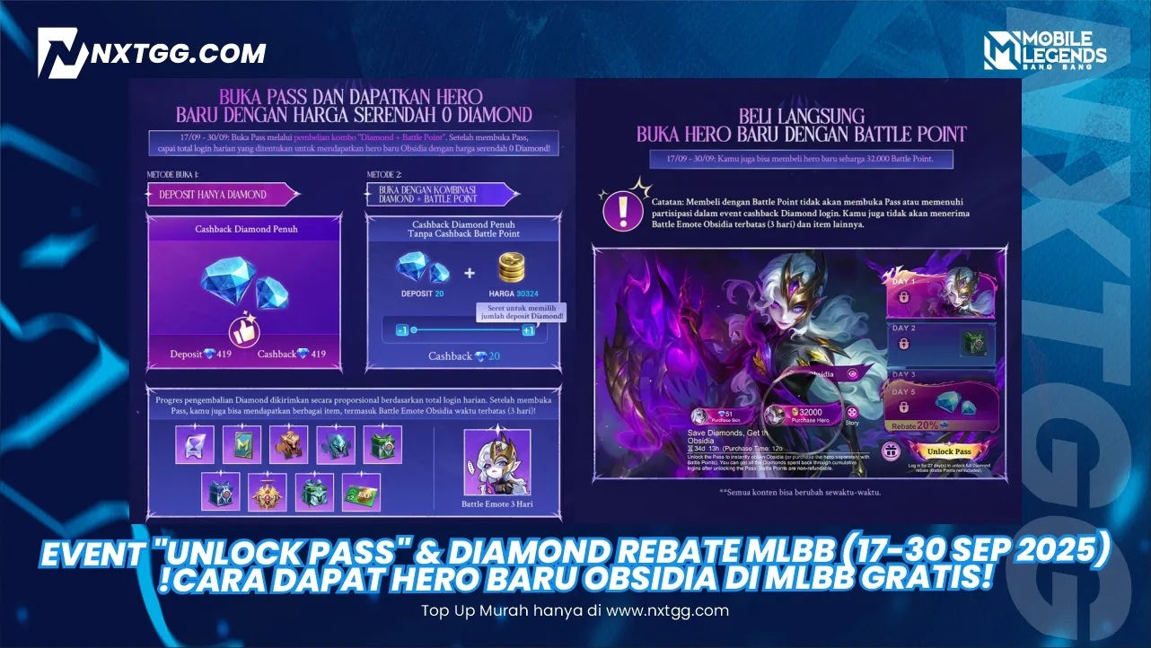 Event "Unlock Pass" & Diamond Rebate MLBB (17-30 Sep 2025)!CARA DAPAT HERO BARU Obsidia di MLBB GRATIS! 