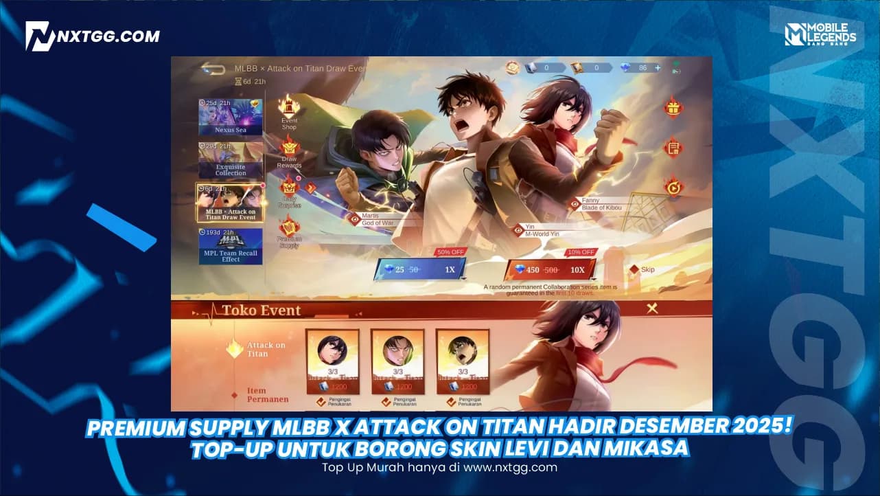 Premium Supply MLBB x Attack on Titan Hadir Desember 2025! Top-Up untuk Borong Skin Levi dan Mikasa