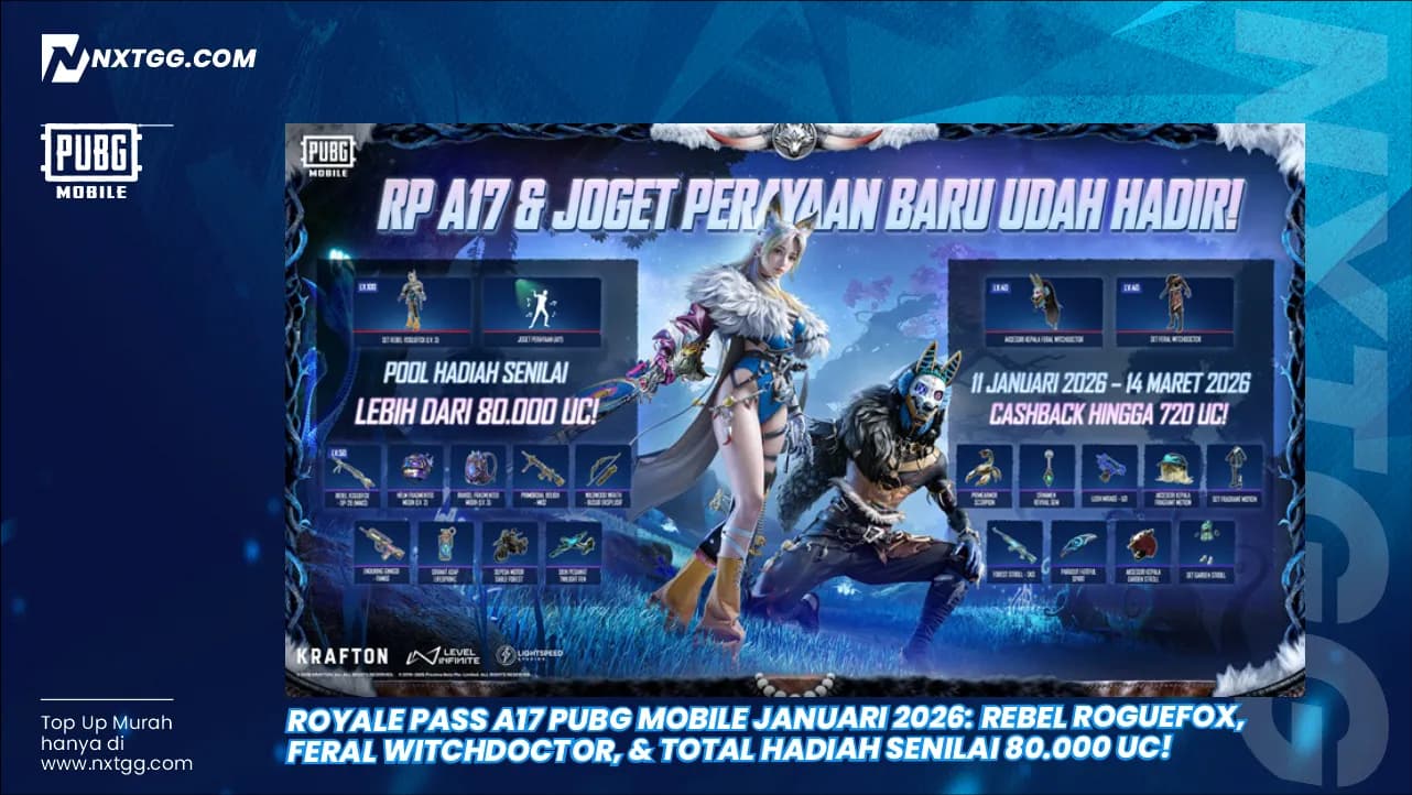 Royale Pass A17 PUBG Mobile Januari 2026: Rebel Roguefox, Feral Witchdoctor, & Total Hadiah Senilai 80.000 UC!