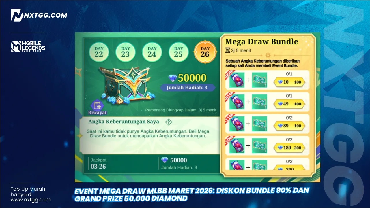 Event Mega Draw MLBB Maret 2026: Diskon Bundle 90% dan Grand Prize 50.000 Diamond